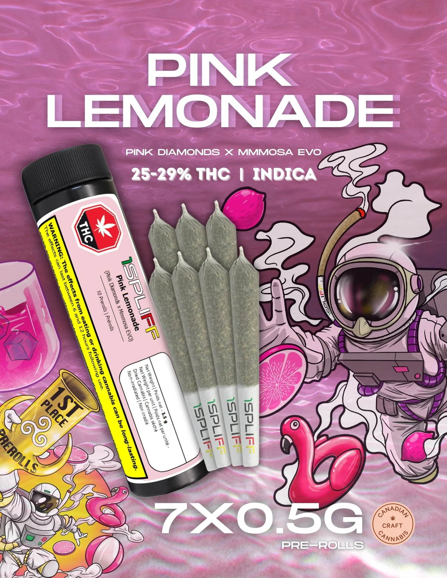 Packaging for Pink Lemonade cannabis pre-rolls with a background of pink water, decorated with cartoon illustrations of an astronaut with a glass of pink lemonade, a flamingo, and pink lemon slices. The product includes five pre-rolled cannabis joint