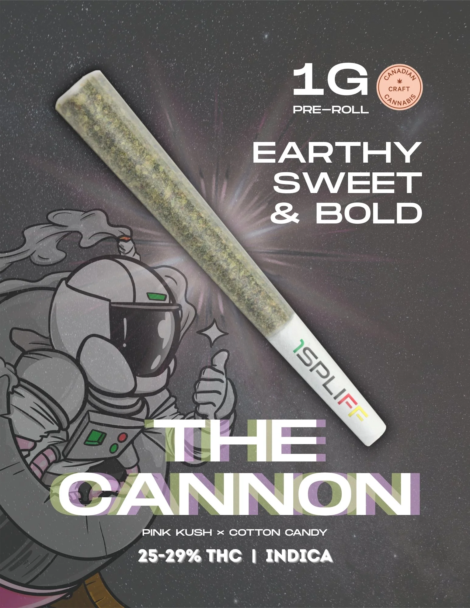 Packaging of a cannabis pre-roll called 'The Cannon' by Isliff Inc., with the flavor 'Earthy, Sweet & Bold,' containing 1 gram of cannabis with 25-29% THC, labeled as Indica, featuring a space-themed background with an astronaut illustration giving a