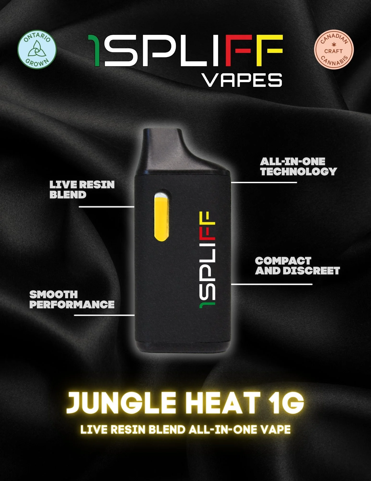 An advertisement for a vape product called Jungle Heat 1G by 1SplitFF Vapes. It features a black vape device with labels indicating features such as live resin blend, all-in-one technology, smooth performance, and compact discreet design. The backgro