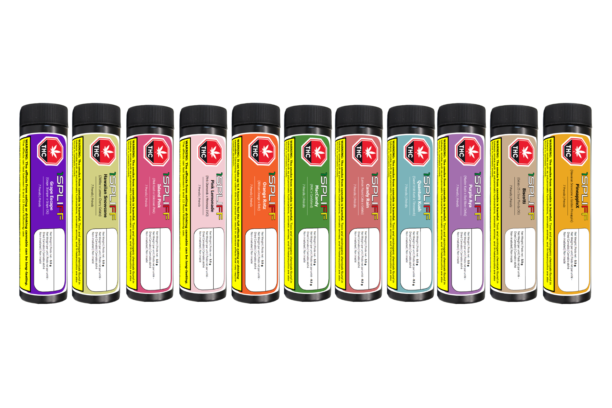 1SPLIFF - A row of nine tubes which are cannabis containers with different colored labels and flavors, each with black caps and red THC logo.