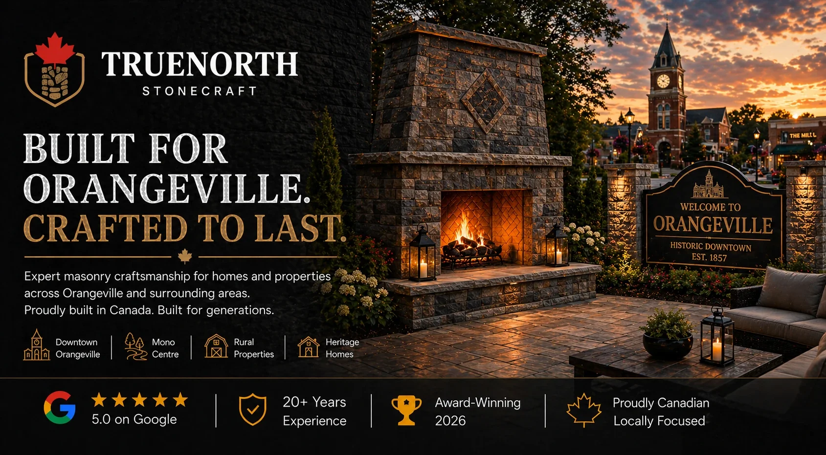 An evening outdoor scene in Orangeville featuring a stone fireplace with a fire glowing, surrounded by flowers, lanterns, and outdoor furniture. In the background is a historic downtown with a clock tower, buildings, and a partly cloudy sunset sky.