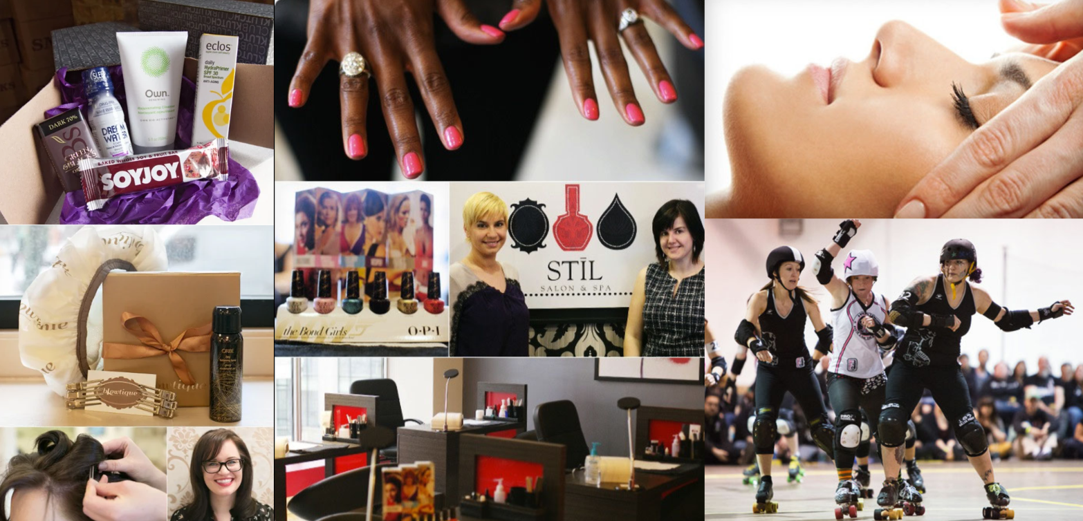Collection of articles highlighting local Chicago businesses, including STIL Salon & Spa, KLUTCHclub, and Blowtique Salon, as well as stories exploring the city's culture, from unconventional beauty services to roller derby fashion.