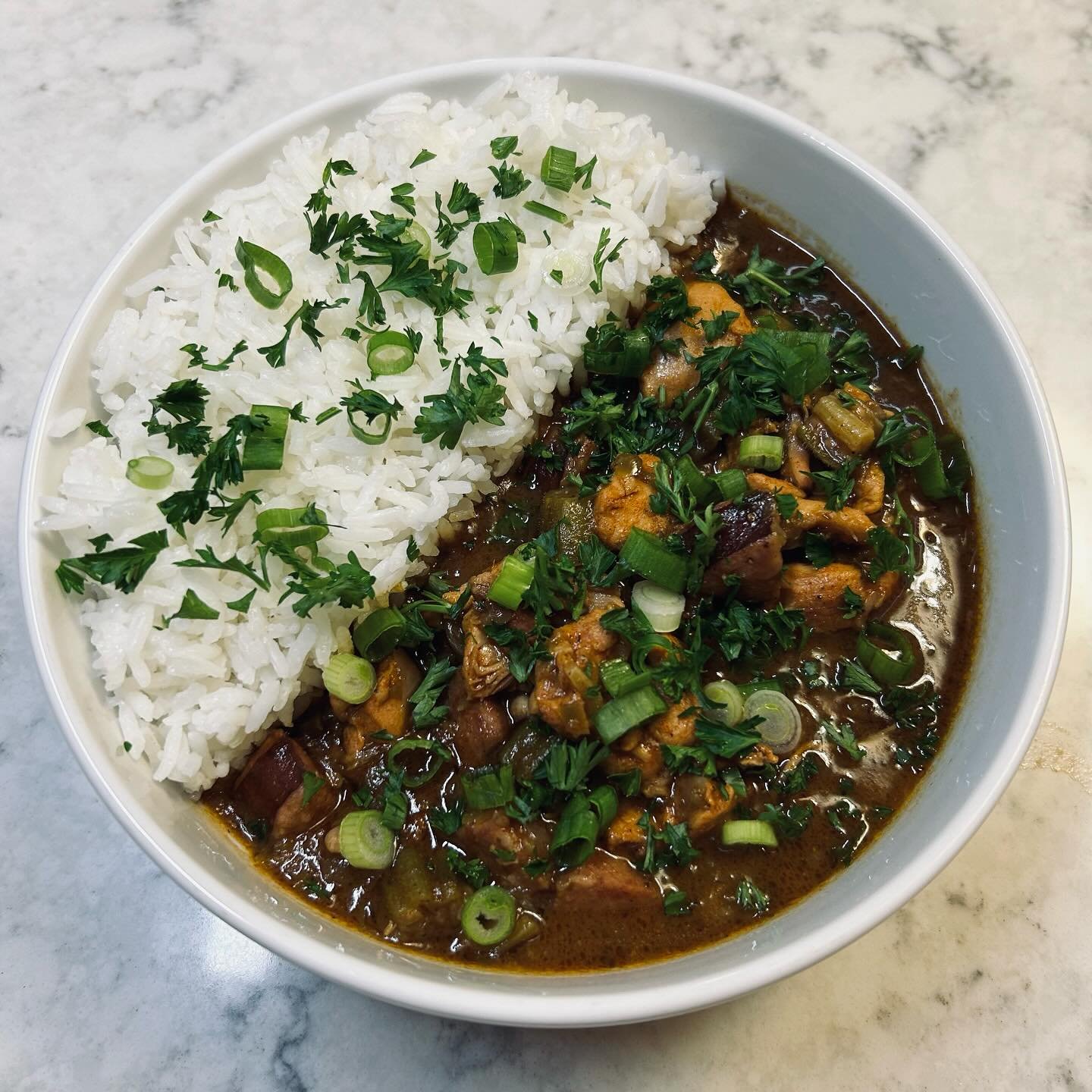 White rice topped with chopped green onions and parsley, served alongside a bowl of dark-colored stew with chopped herbs and green onions.