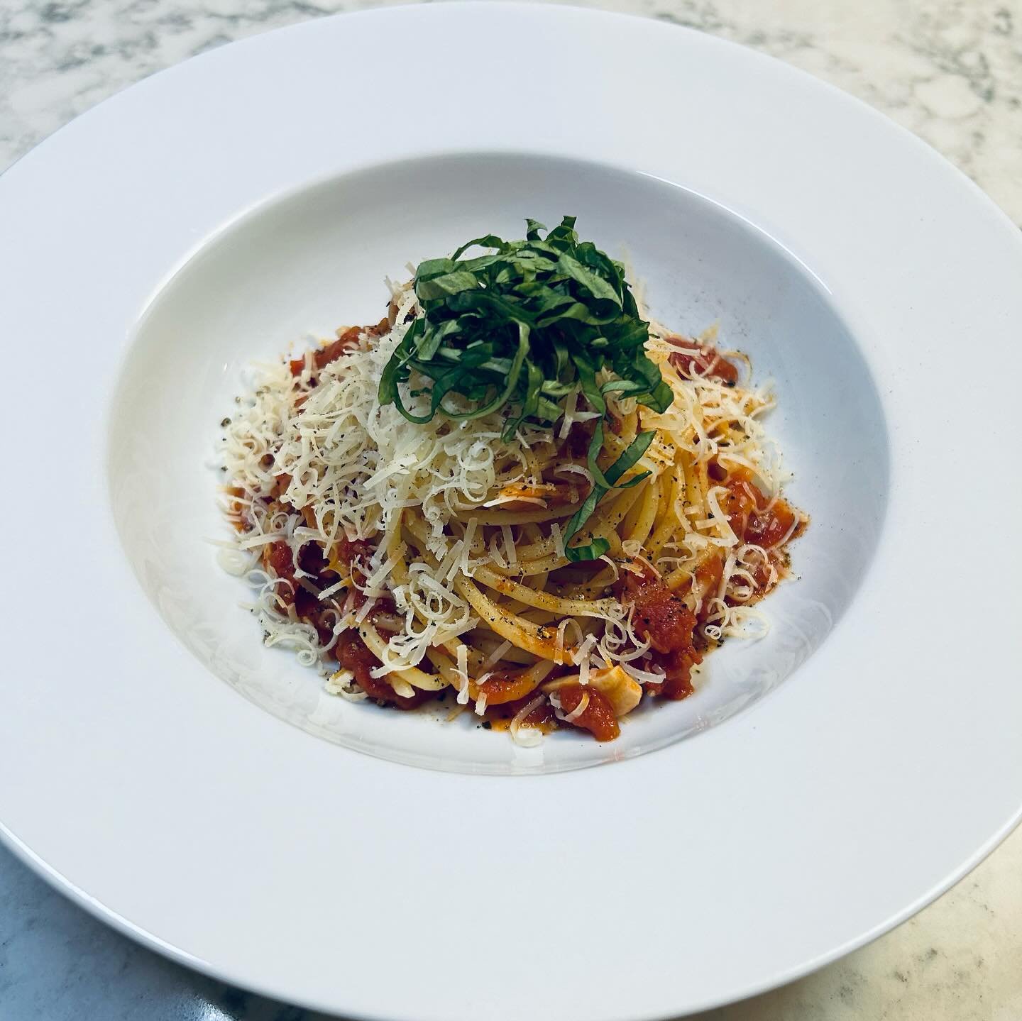 A plate of spaghetti pasta topped with shredded cheese, tomato sauce, and chopped basil.