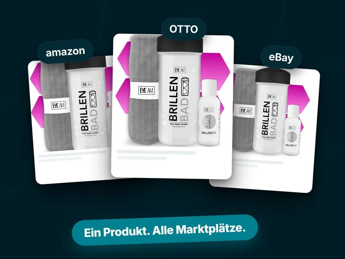 Drei ueberlappende Listing-Kacheln mit Wortmarken amazon, OTTO und eBay, ueberall dasselbe Set