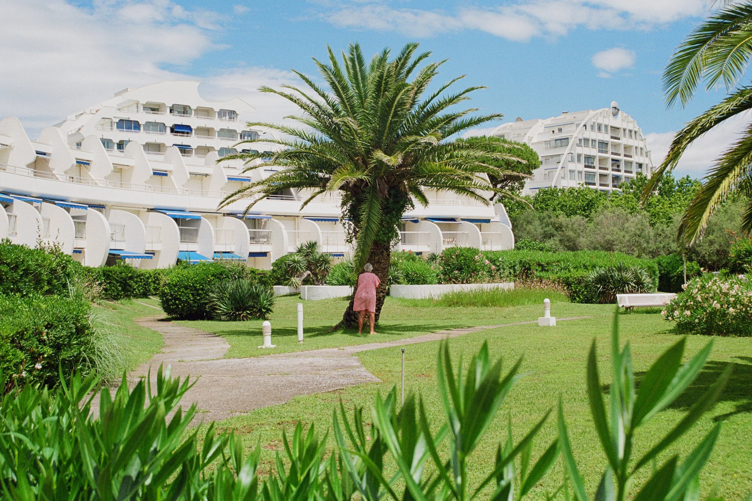 Woman hugging a palm tree in a landscaped garden with modern white buildings in the background, on a sunny day.