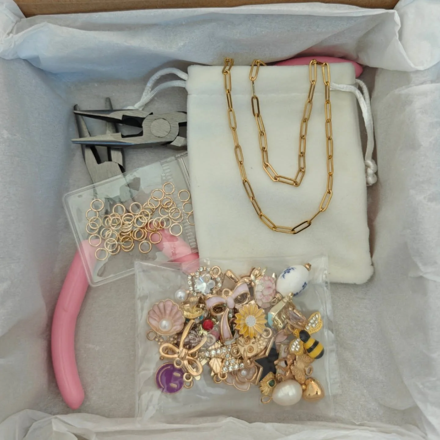 DIY Charm Kit ✨

Create your own one-of-a-kind charm jewelry from home! Each kit includes 35+ curated charms, two stainless steel chains (necklace + bracelet), pliers, and jump rings &mdash; everything you need to design something beautifully persona