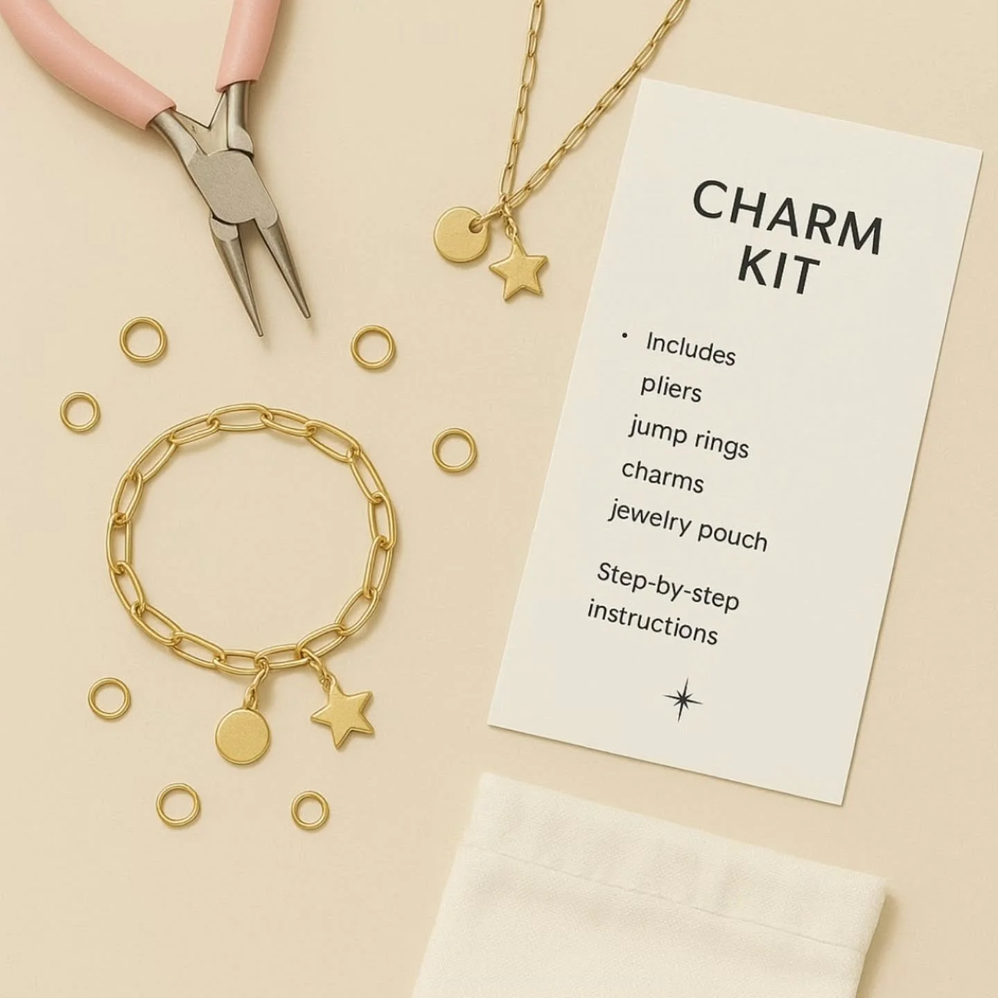 DIY Charm Kit ✨
Create your own one-of-a-kind charm jewelry from home! Each kit includes 35+ curated charms, two stainless steel chains (necklace + bracelet), pliers, and jump rings &mdash; everything you need to design something beautifully personal