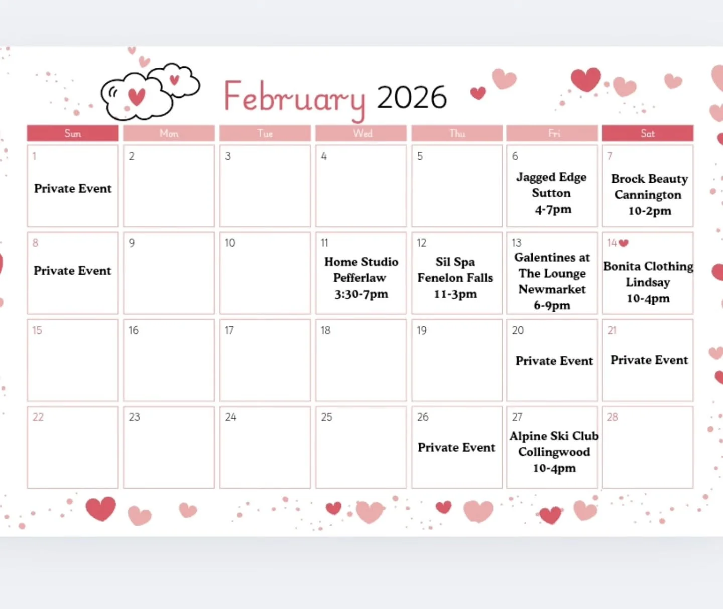 We&rsquo;re so excited to be back and kicking off our February pop-ups ✨
📍 February Schedule: &bull; Feb 6 &ndash; Jagged Edge Hair Studio | Sutton | 4&ndash;7 PM
&bull; Feb 7 &ndash; Brock Beauty | Cannington | 10 AM&ndash;3 PM
&bull; Feb 11 &ndash