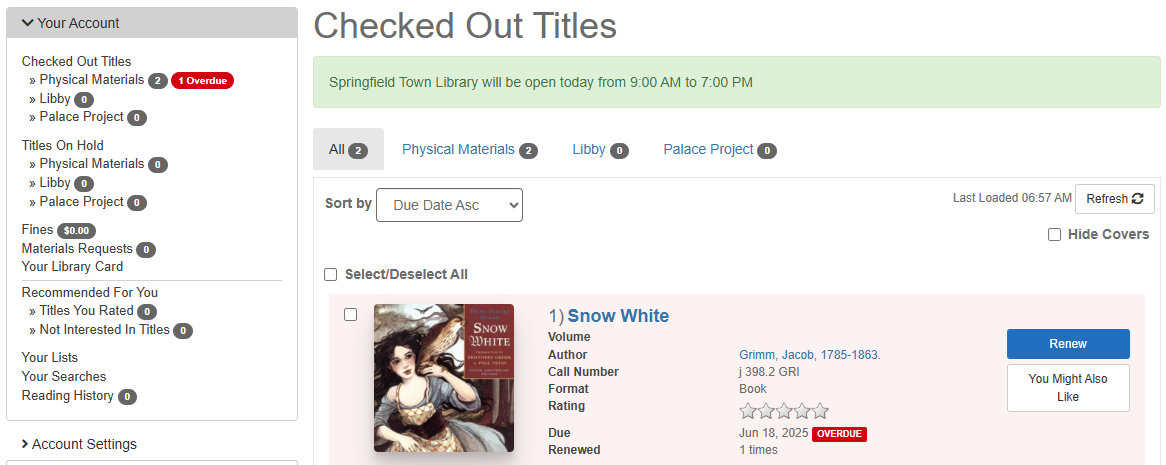 Library account screen showing one overdue book, "Snow White" by Jacob Grimm, due June 18, 2025, with an option to renew.
