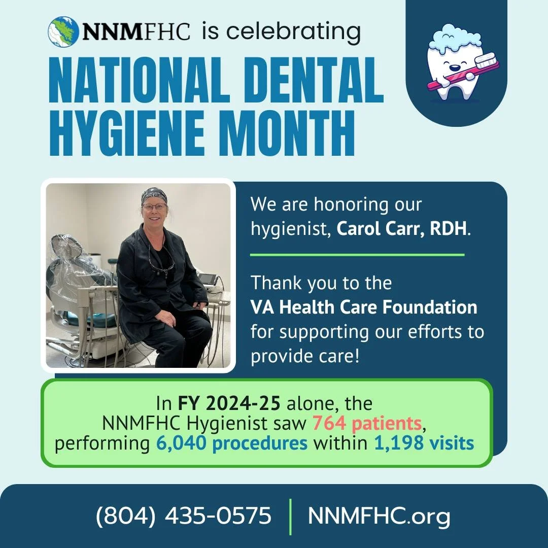 🦷 October is National Dental Hygiene Month!

This month, we&rsquo;re celebrating Carol Carr, RDH, our incredible hygienist who helps our patients keep a healthy smile.

In FY 2024&ndash;25, Carol provided care to 764 patients, completing 6,040 proce