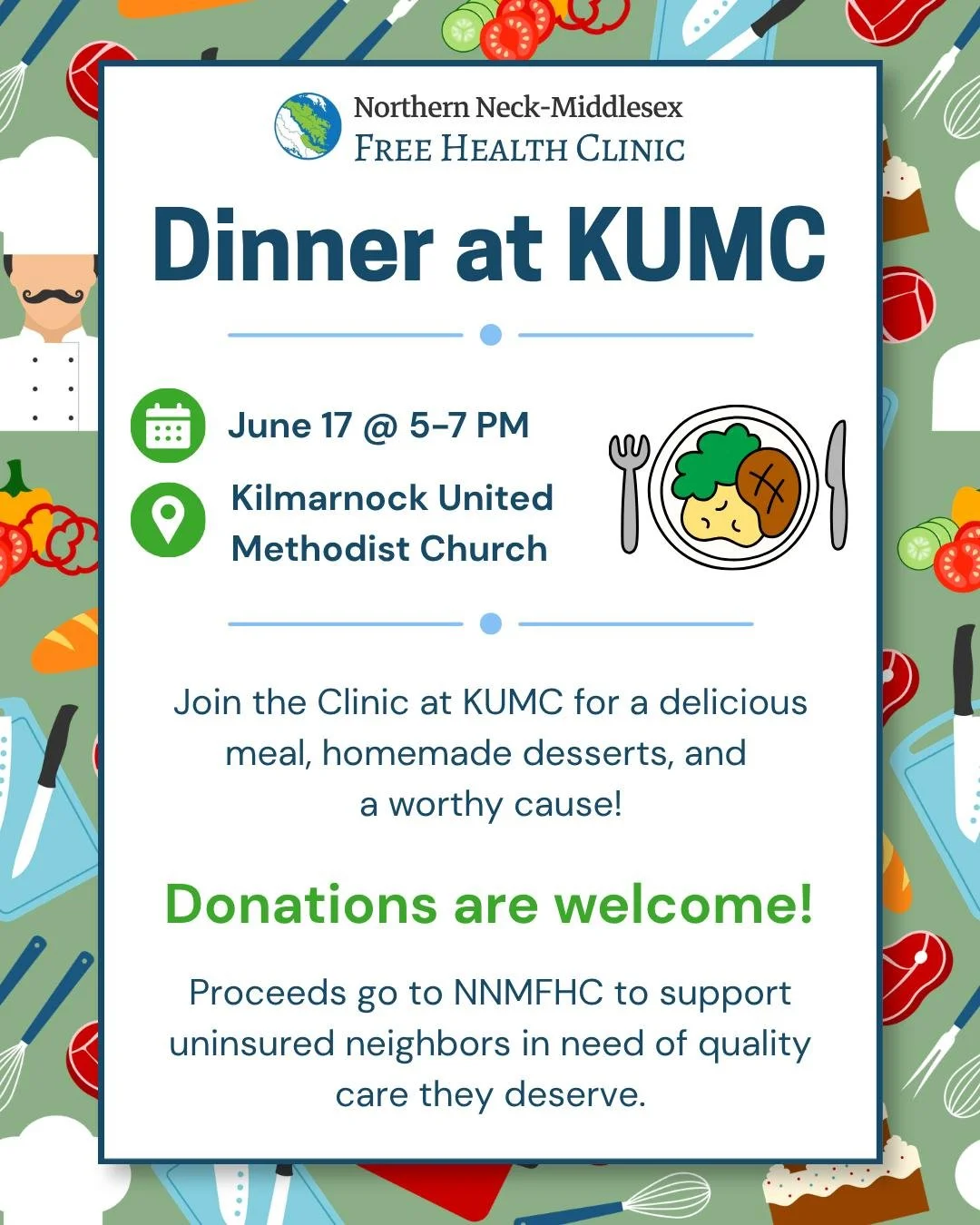 🍽️ Join Us for Dinner at KUMC! 🍽️

Mark your calendar for June 17 from 5&ndash;7 PM and enjoy a delicious meal, homemade desserts, and great community fellowship at Kilmarnock United Methodist Church (89 E. Church St., Kilmarnock, VA 22482).

All n