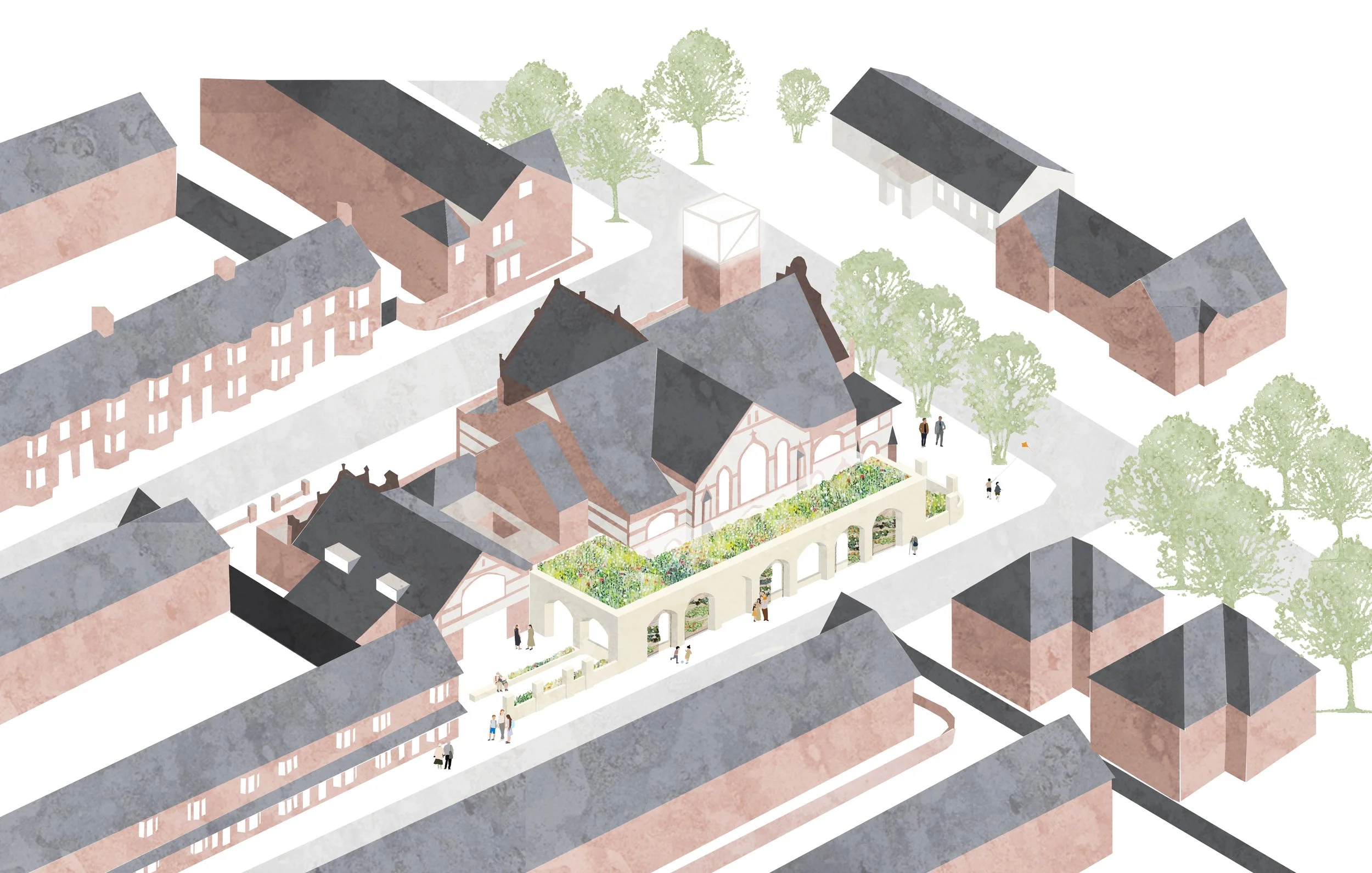 An illustrated aerial view of a historic brick building with a garden courtyard, surrounded by trees, residential row houses, and pathways with people walking.