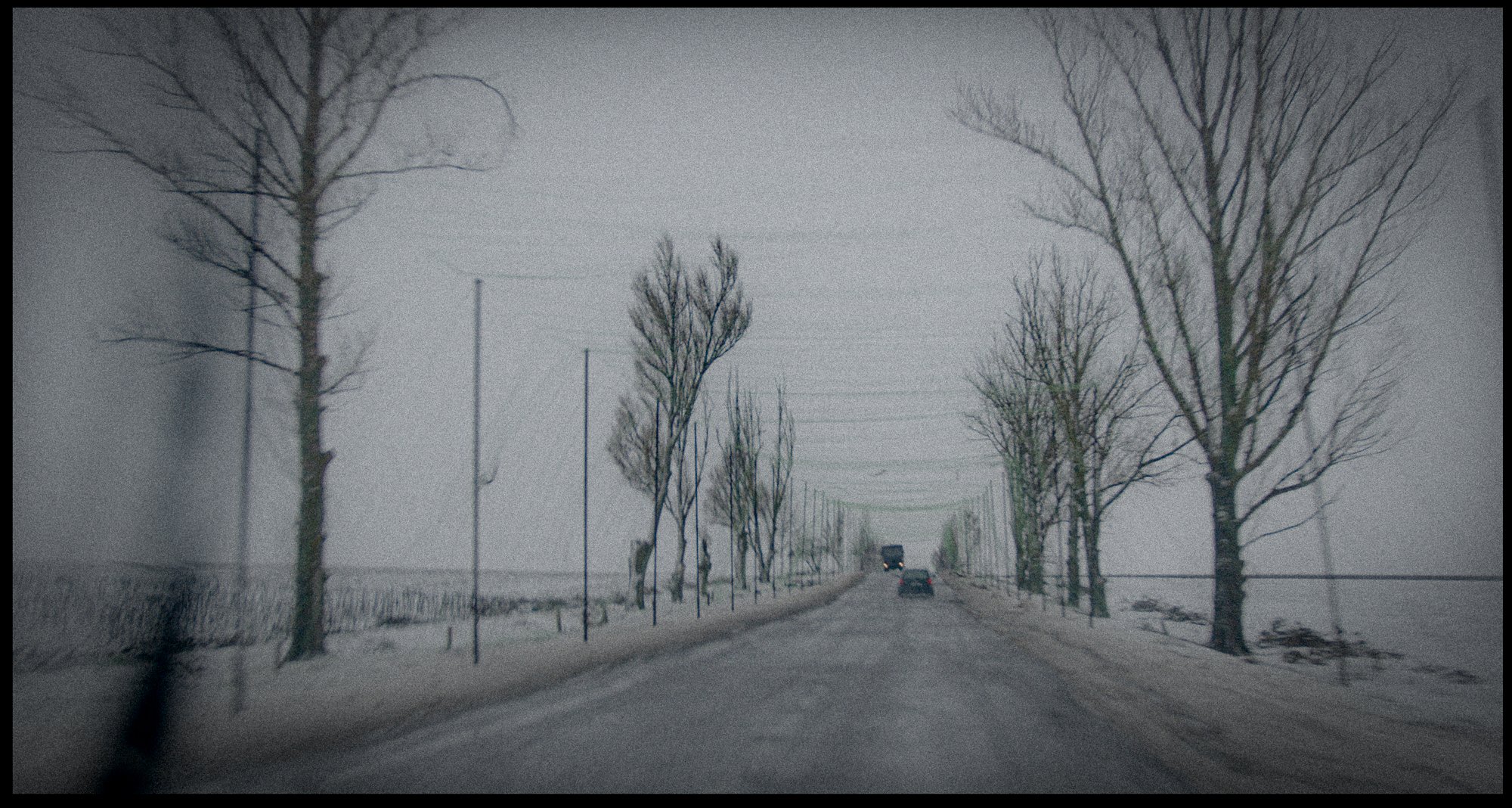 A snowy road lined with tall, bare trees on both sides. Vehicles are driving on the road, and the sky appears overcast.