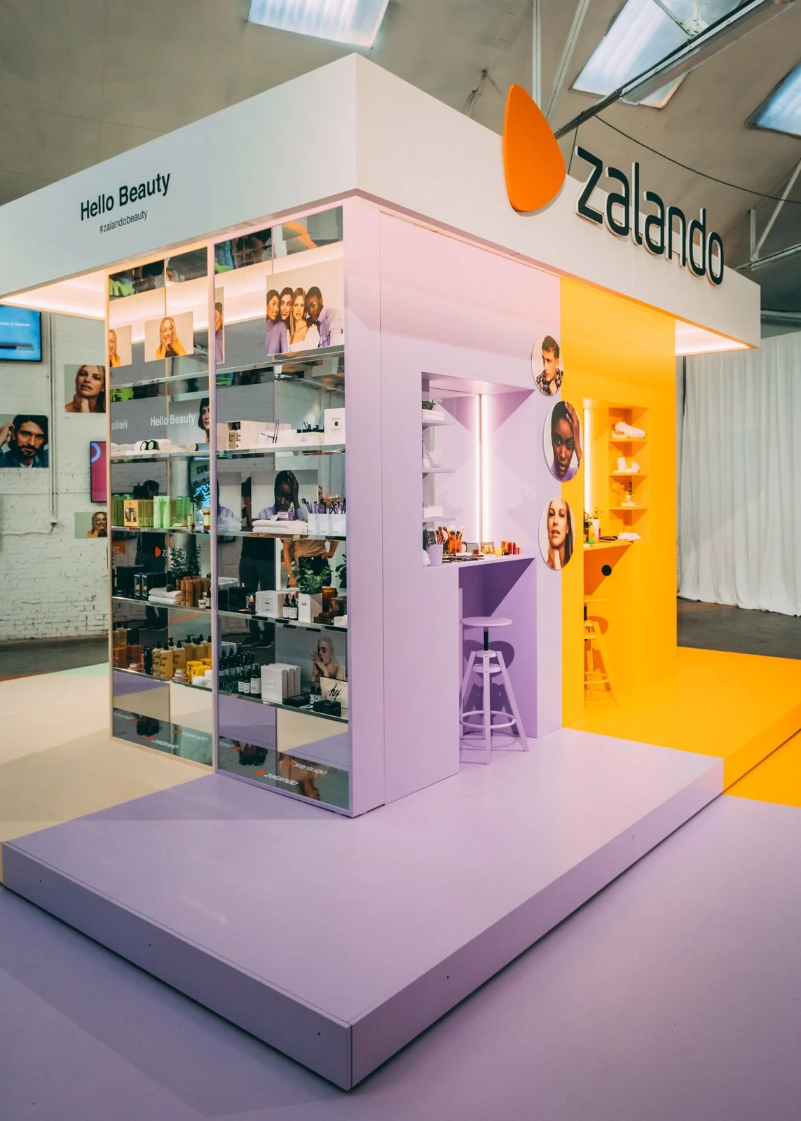 Touring beauty activation booth with four-sided scenography for Zalando Beauty launch across Europe