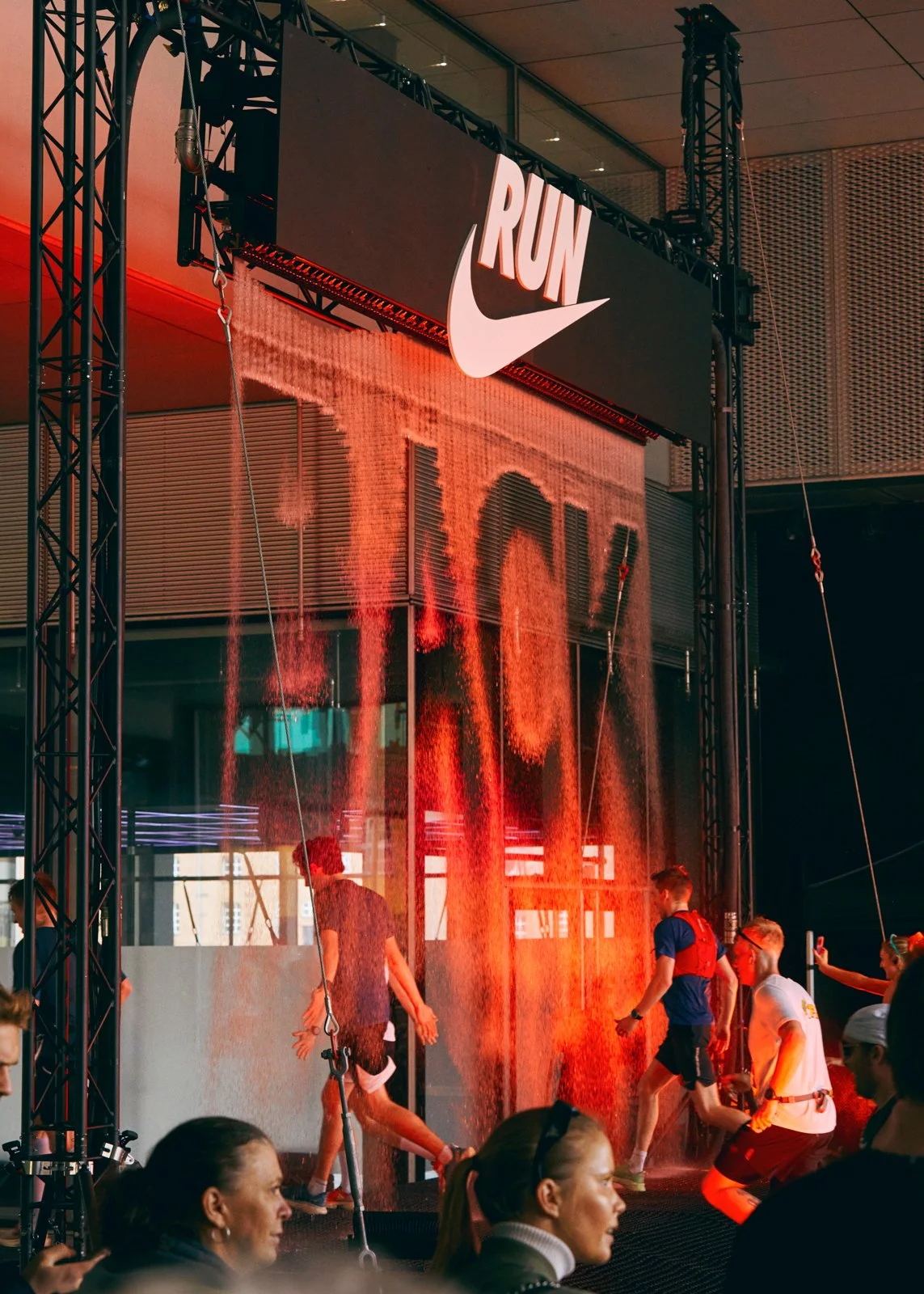 Technical event installation combining water control, lighting and structure for high-impact Nike activation
