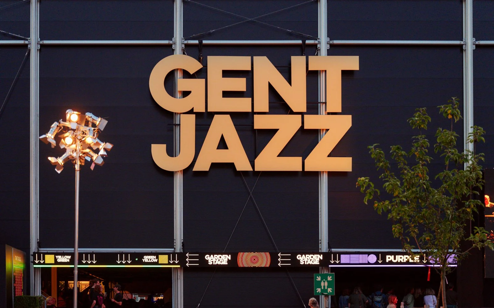 Large-scale Gent Jazz logo installation marking festival entrance and creating outdoor landmark at De Bijloke