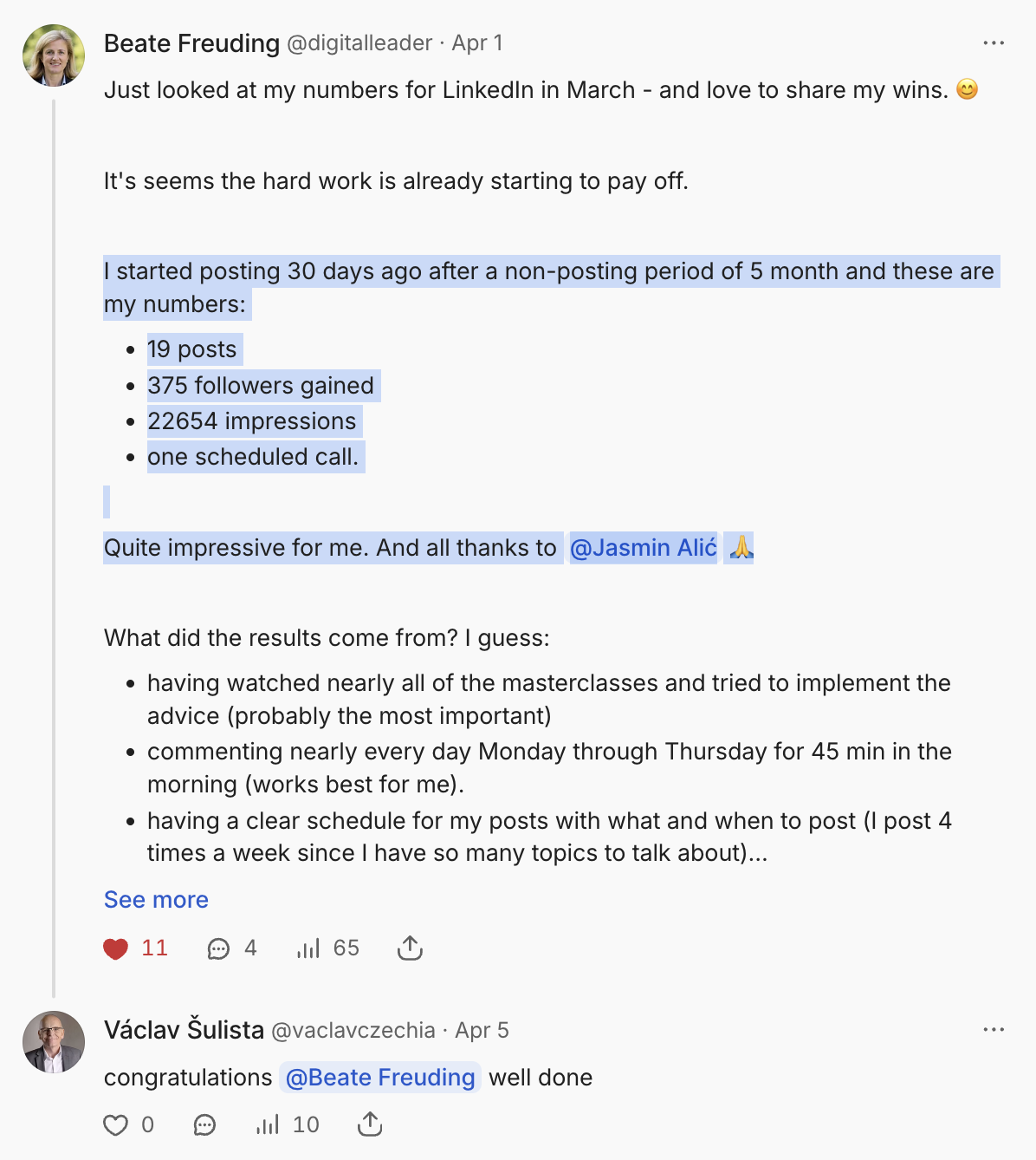 A social media post by Beate Freudling sharing her LinkedIn statistics for March, including 19 posts, 375 followers gained, 22,654 impressions, and one scheduled call, with appreciation for Jasmin Alić. Another comment congratulates her.