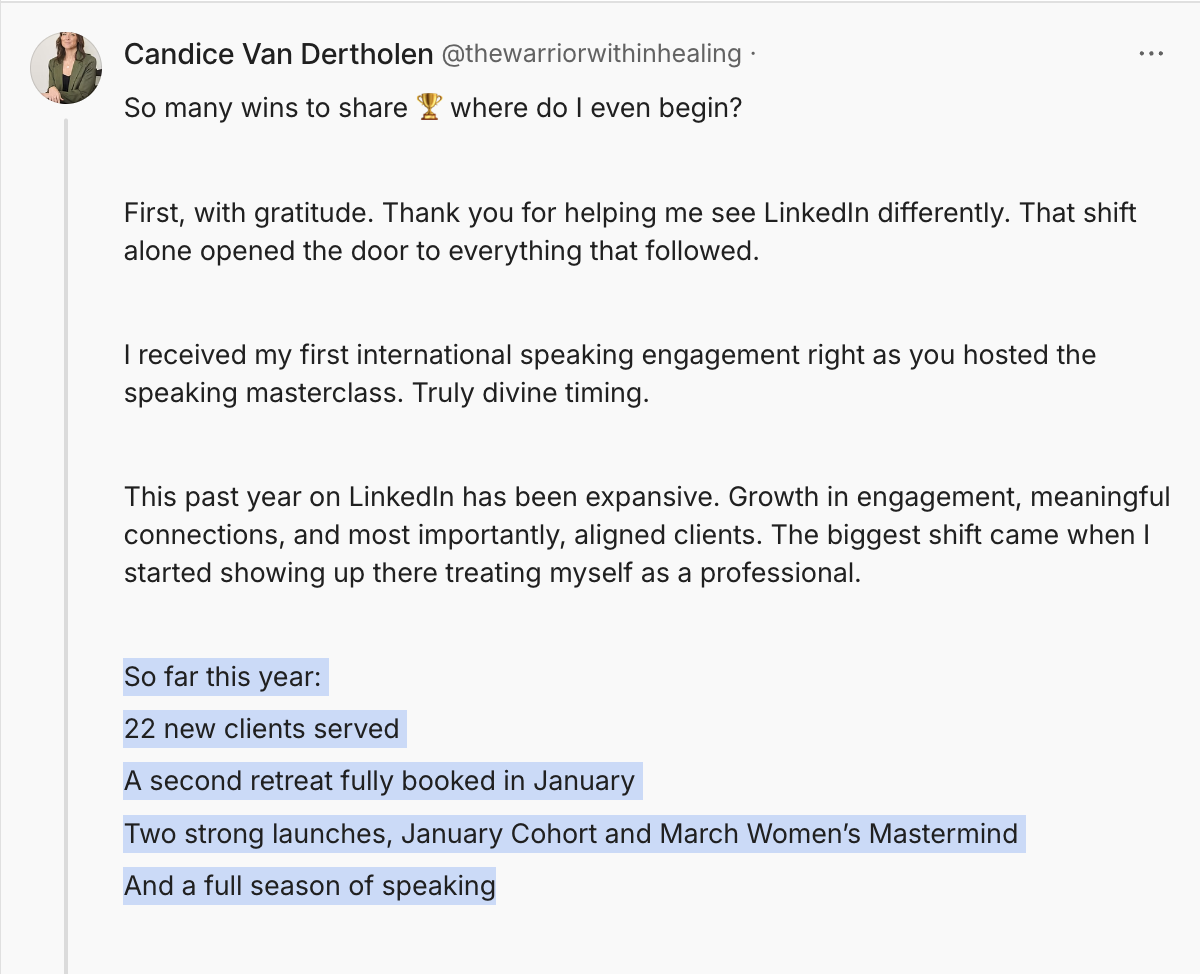 Screenshot of a LinkedIn post by Candice Van Der Tholen celebrating her professional accomplishments, including serving 22 new clients, booking a second retreat, launching January Cohort and March Women's Mastermind, and planning a full season of spe