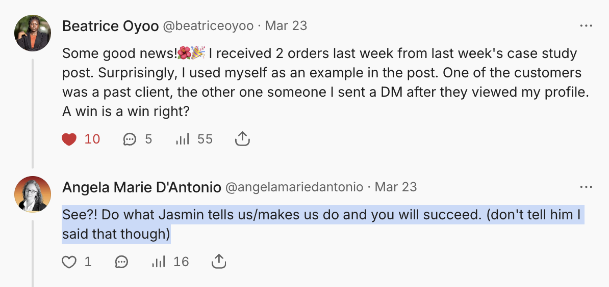 Screenshot of a Twitter conversation between Beatrice Oyoo and Angela Marie D'Antonio discussing receiving two orders from a case study post and the influence of a person named Jasmin.