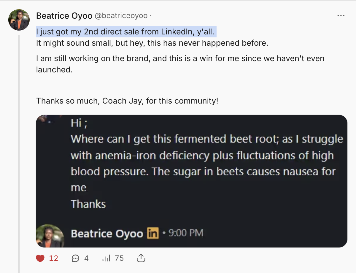 A social media post by Beatrice Oyoo celebrating her second direct sale on LinkedIn, with a screenshot of a message from someone seeking advice on where to find fermented beet root. The post includes her profile picture, a brief caption, and engageme