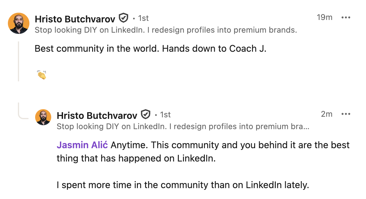 Screenshot of a LinkedIn post discussing community support and redesigning profiles. The post includes a clapping hands emoji and mentions Coach J and Jasmin Alić.