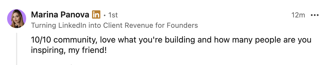 LinkedIn post by Marina Panova with the text: Turning LinkedIn into Client Revenue for Founders, praising community and inspiring others.