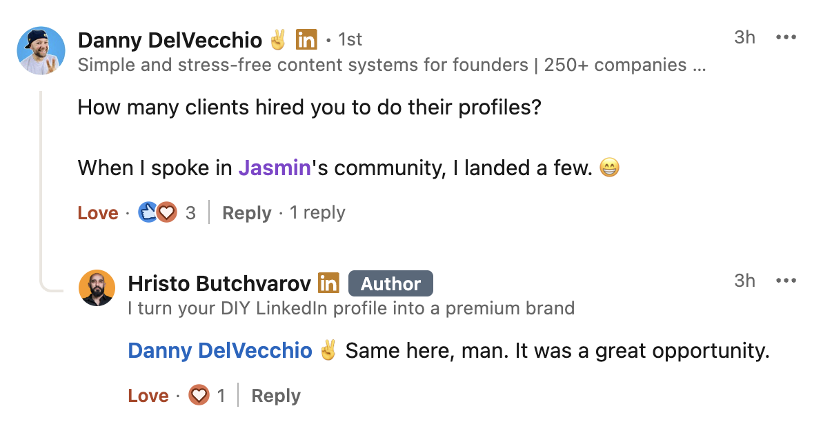 Screenshot of a LinkedIn conversation between two men discussing their experiences on LinkedIn, with one mentioning turning profiles into a brand and the other agreeing.