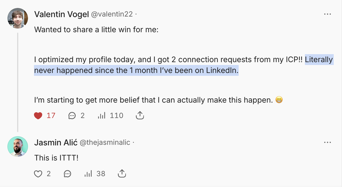 Screenshot of a social media post where a user shares that optimizing their LinkedIn profile resulted in two connection requests in a month, which they haven't received in a year. A comment below says, "This is ITTT!".