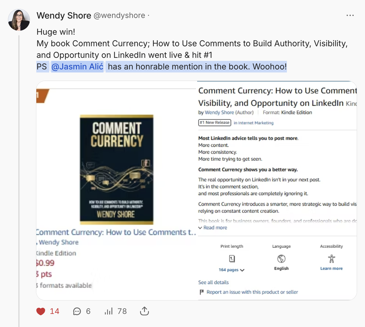 Screenshot of a tweet promoting Wendy Shore's book "Comment Currency: How to Use Comments to Build Authority, Visibility, and Opportunity on LinkedIn" with a book cover image, tweeted by Wendy Shore, highlighting a mention of Jasmin Aliç.