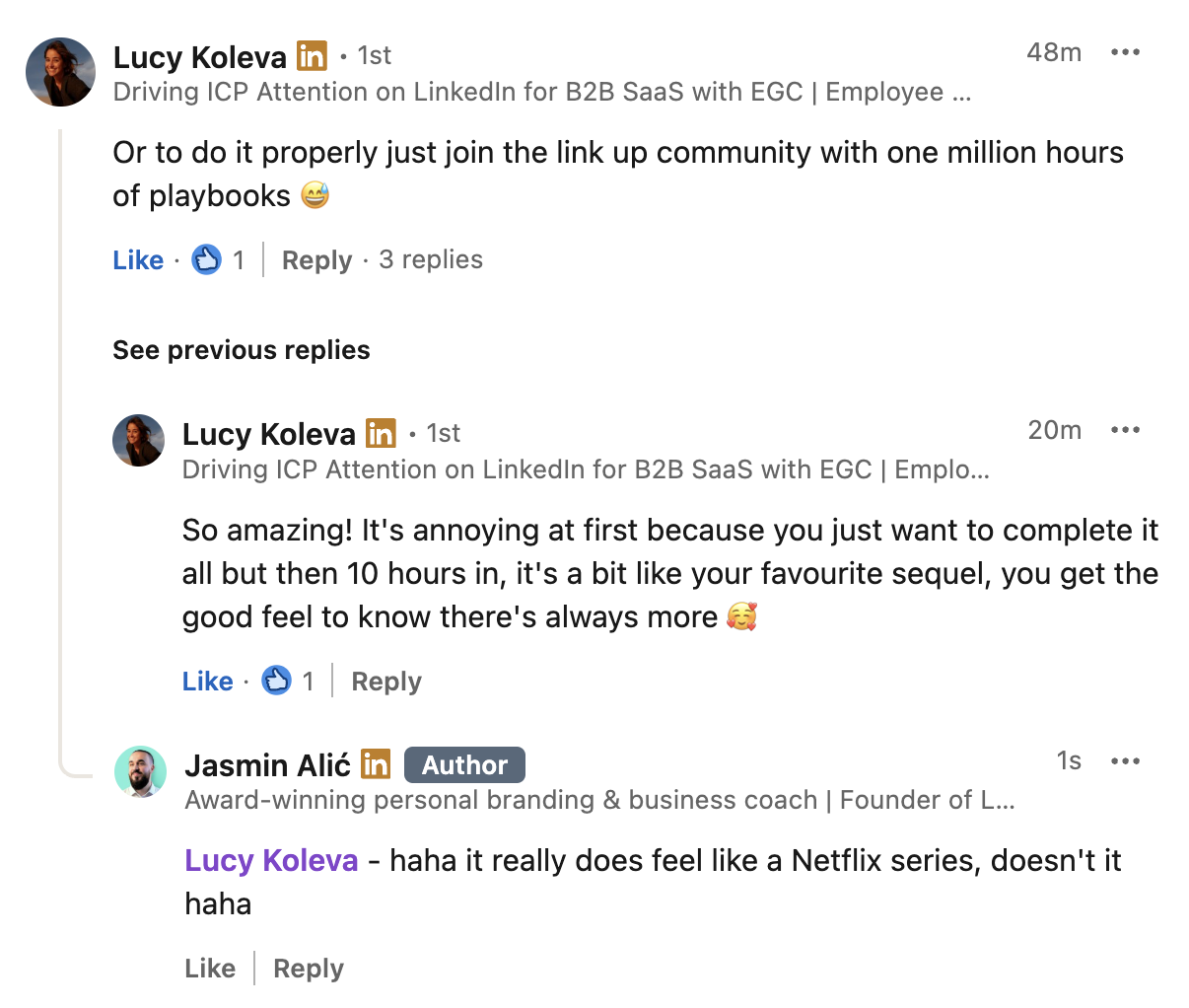 LinkedIn comment thread discussing the experience of watching a series or content on Netflix. The thread includes profiles of Lucy Koleva, Jasmin Alić, and a reply mentioning Netflix.