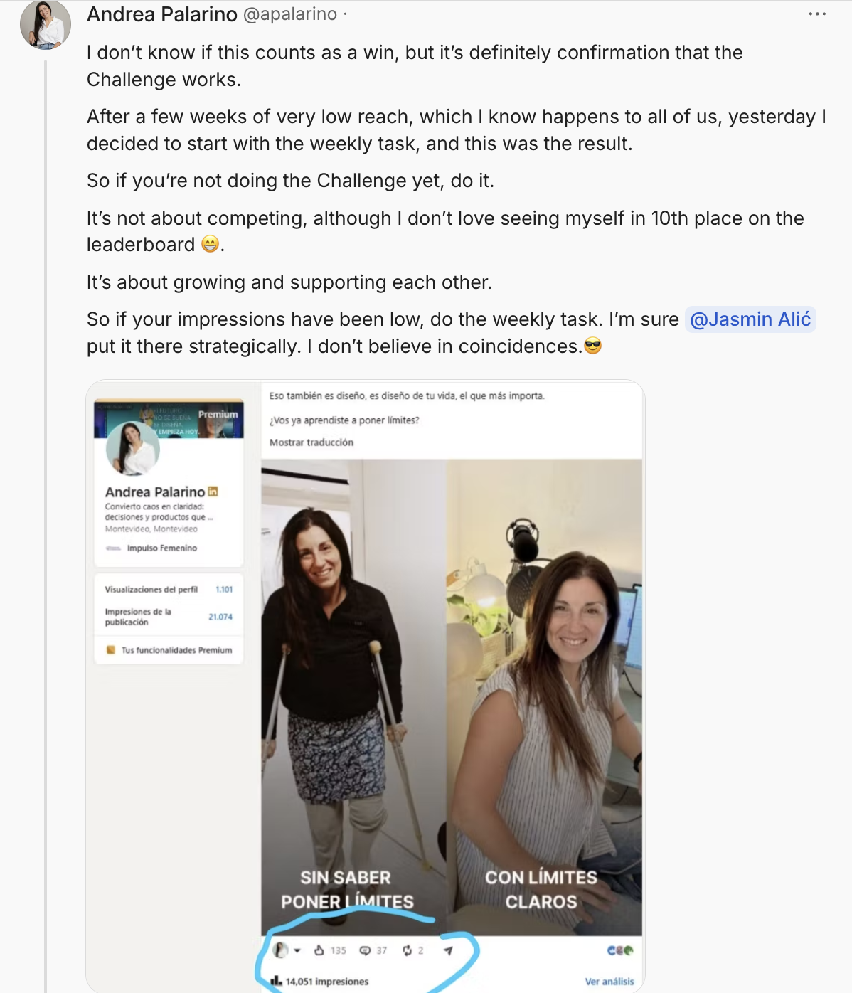 Comparison of two photos showing a woman with crutches labeled "sin saber poner límites" (without knowing how to set limits) and another with clear limits labeled "Con límites claros" (with clear limits), overlaid with engagement metrics and impressi