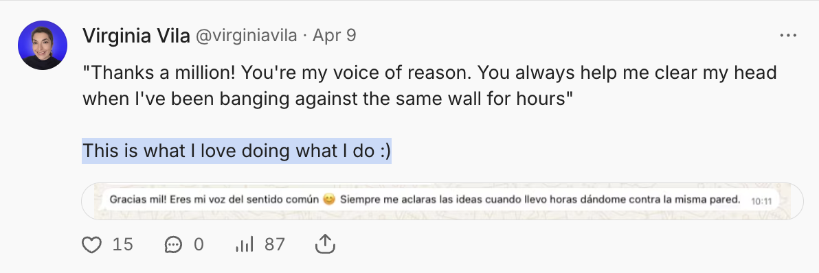 A screenshot of a tweet by Virginia Vila saying, "Thanks a million! You're my voice of reason. You always help me clear my head when I've been banging against the same wall for hours." The tweet also includes a highlighted reply in Spanish that says,