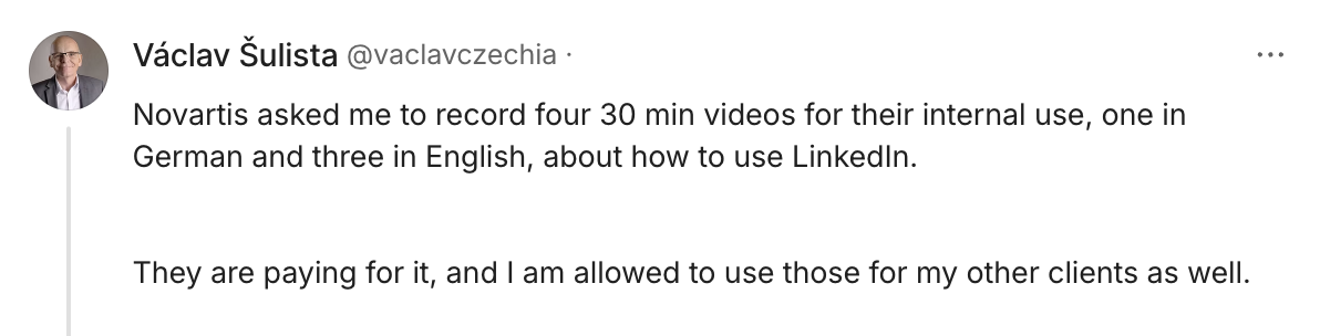 Screenshot of a tweet by Václav Šulista about recording internal training videos for Novartis in German and English for LinkedIn.