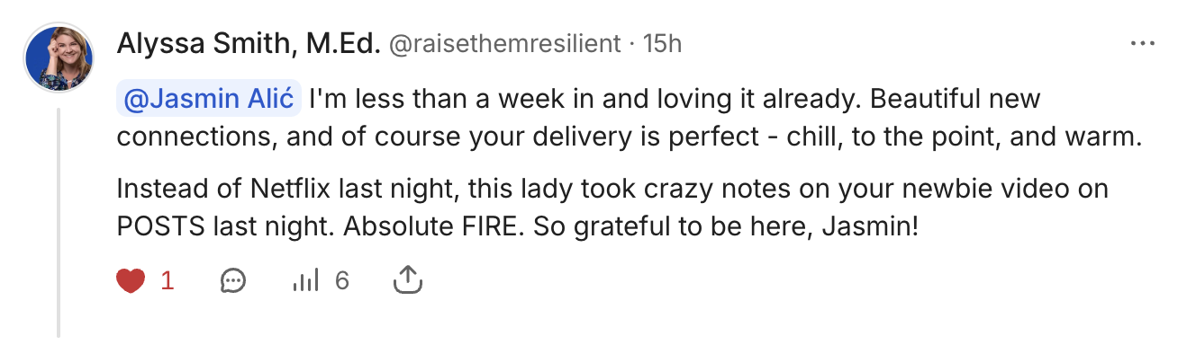 Screenshot of a social media post by Alyssa Smith praising Jasmin Alić for her connection and support, mentioning her video comments and expressing gratitude.