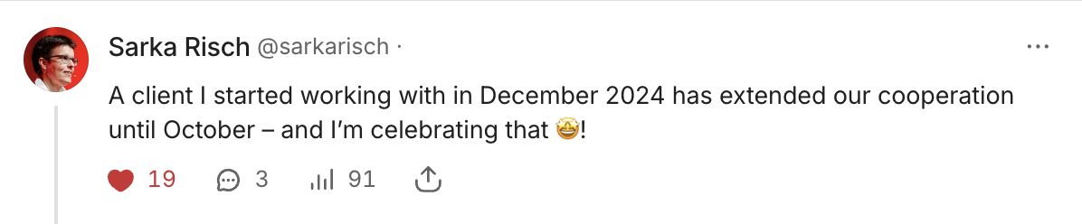 Screenshot of a tweet from Sarka Risch, celebrating the extension of cooperation with a client until October 2024.
