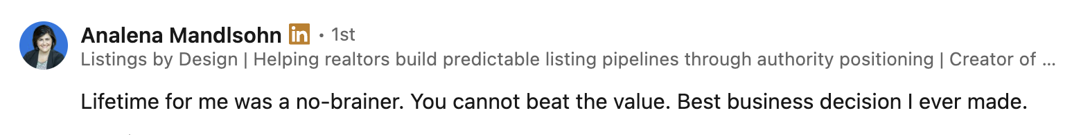 LinkedIn profile snippet of Analena Mandlsohn, a woman with dark hair and glasses, mentioning her expertise in real estate listing design and her business philosophy.