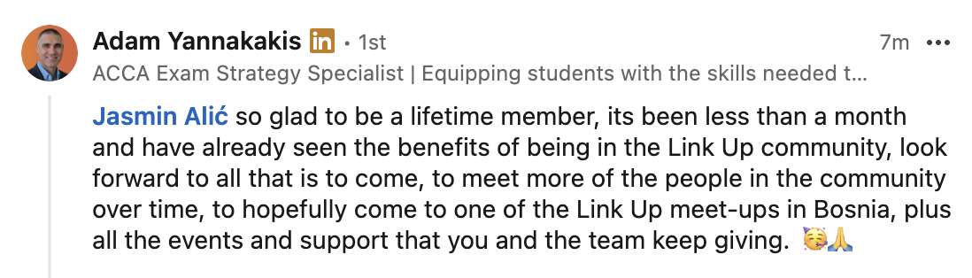 Screenshot of a LinkedIn comment by Adam Yannakakis praising Jasmine Alić for her positive experience with the Link Up community, mentioning future meet-ups and ongoing support.