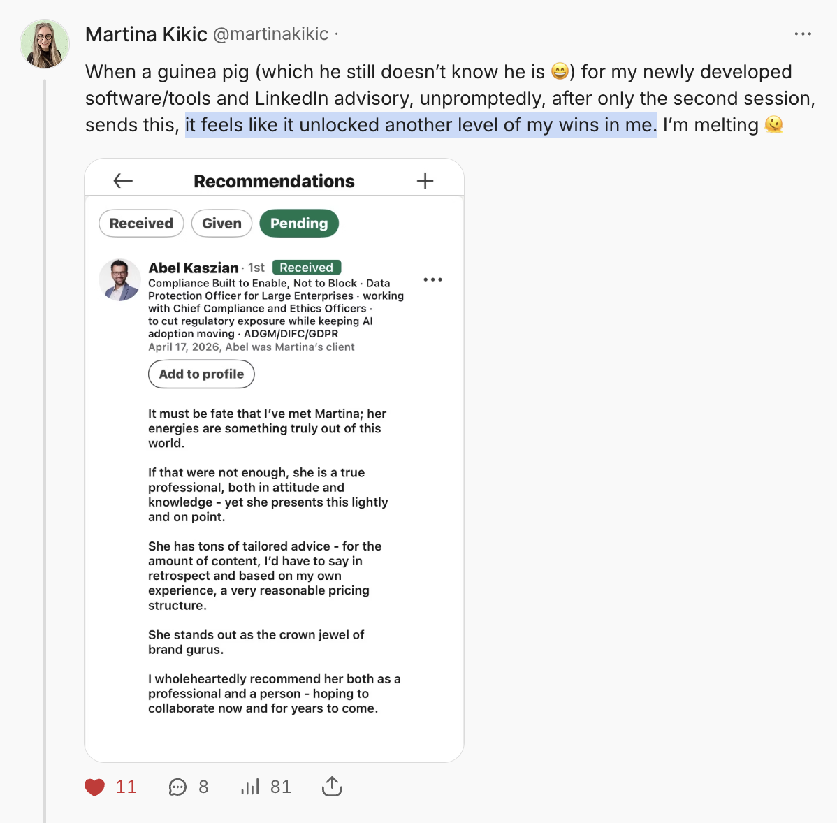 Screenshot of a LinkedIn recommendation with a person's profile, praise for a professional named Martina, and a section showing received recommendations.