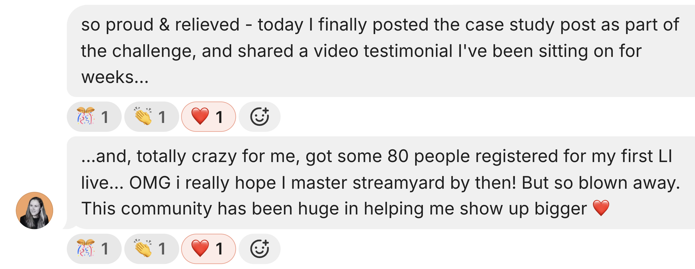 Screenshot of a social media conversation with text, emoji reactions including party popper, clapping hands, red heart, and smiling face with halo. The message discusses pride in posting a case study, a video testimonial, notable registration numbers