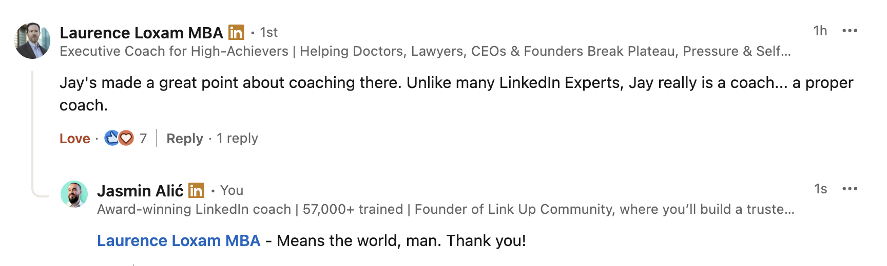 Screenshot of a LinkedIn conversation between Laurence Loxam and Jasmin Alić discussing coaching and LinkedIn expertise.