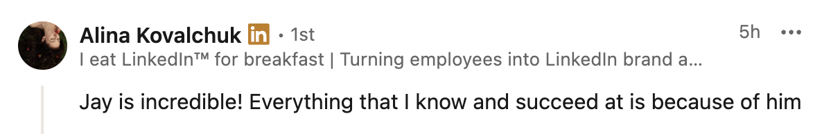 LinkedIn post by Alina Kovalchuk praising Jay for his excellence at work.