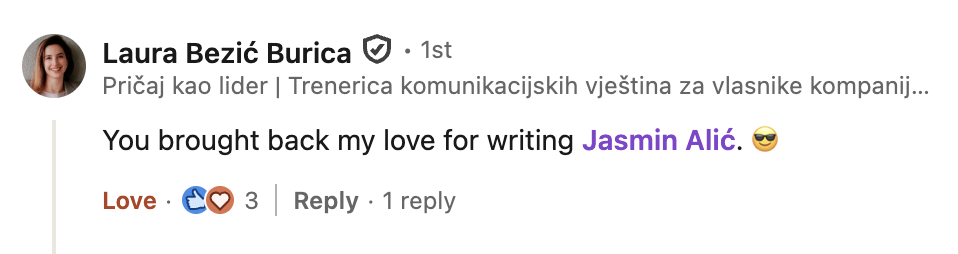 Screenshot of a social media comment mentioning Jasmin Alić with a positive reaction and emotional emojis.
