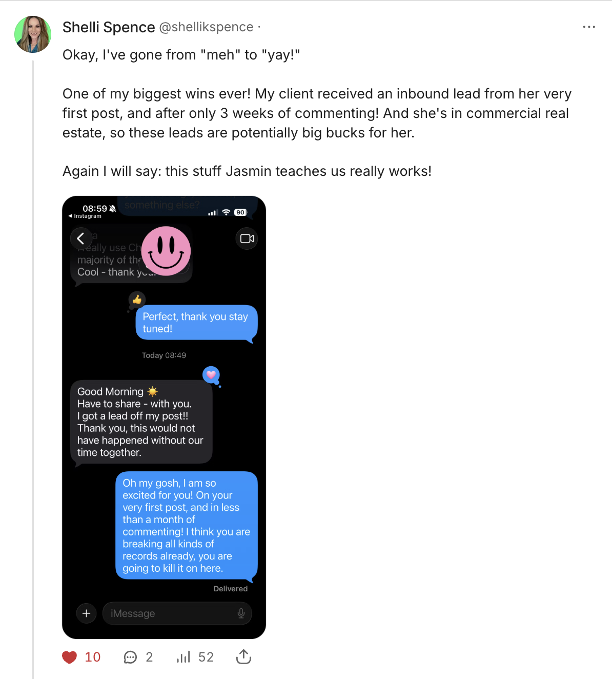 Screenshot of a text conversation on a phone with emojis and blue and gray message bubbles discussing success in generating leads from social media posts.