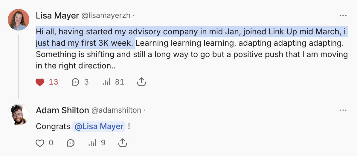 Screenshot of a social media post by Lisa Mayer announcing her new advisory company, her first 3K week, and the progress she's making; comments include congratulations from Adam Shilton.