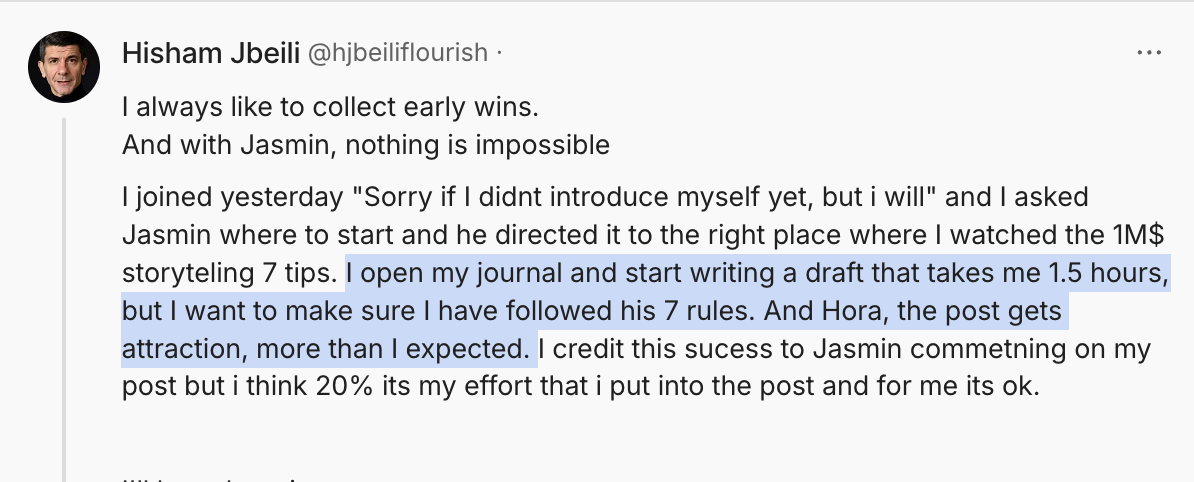 Screenshot of a social media post by Hisham Jbeili discussing his process of writing a post and the success he achieved, mentioning Jasmine and storytelling tips.