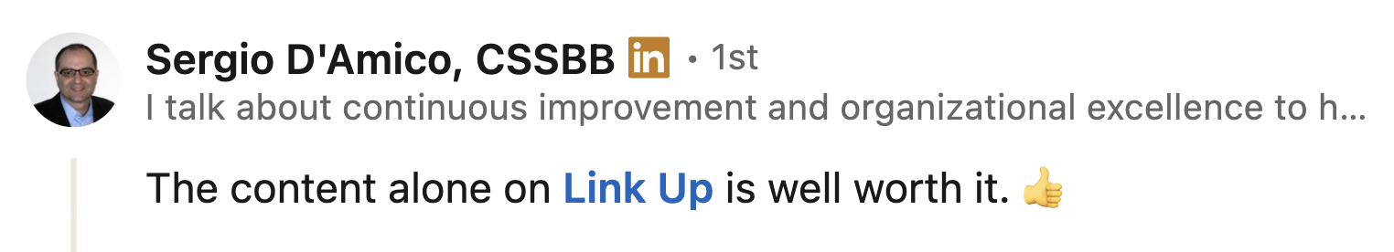 LinkedIn profile of Sergio D'Amico, showing his name, profile picture, and a partial headline about continuous improvement and organizational excellence.