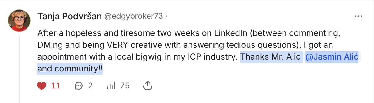 Screenshot of a LinkedIn post by Tanja Podvršan expressing gratitude for an appointment with a local bigwig in her industry, mentioning LinkedIn engagement, and tagging a person and community.
