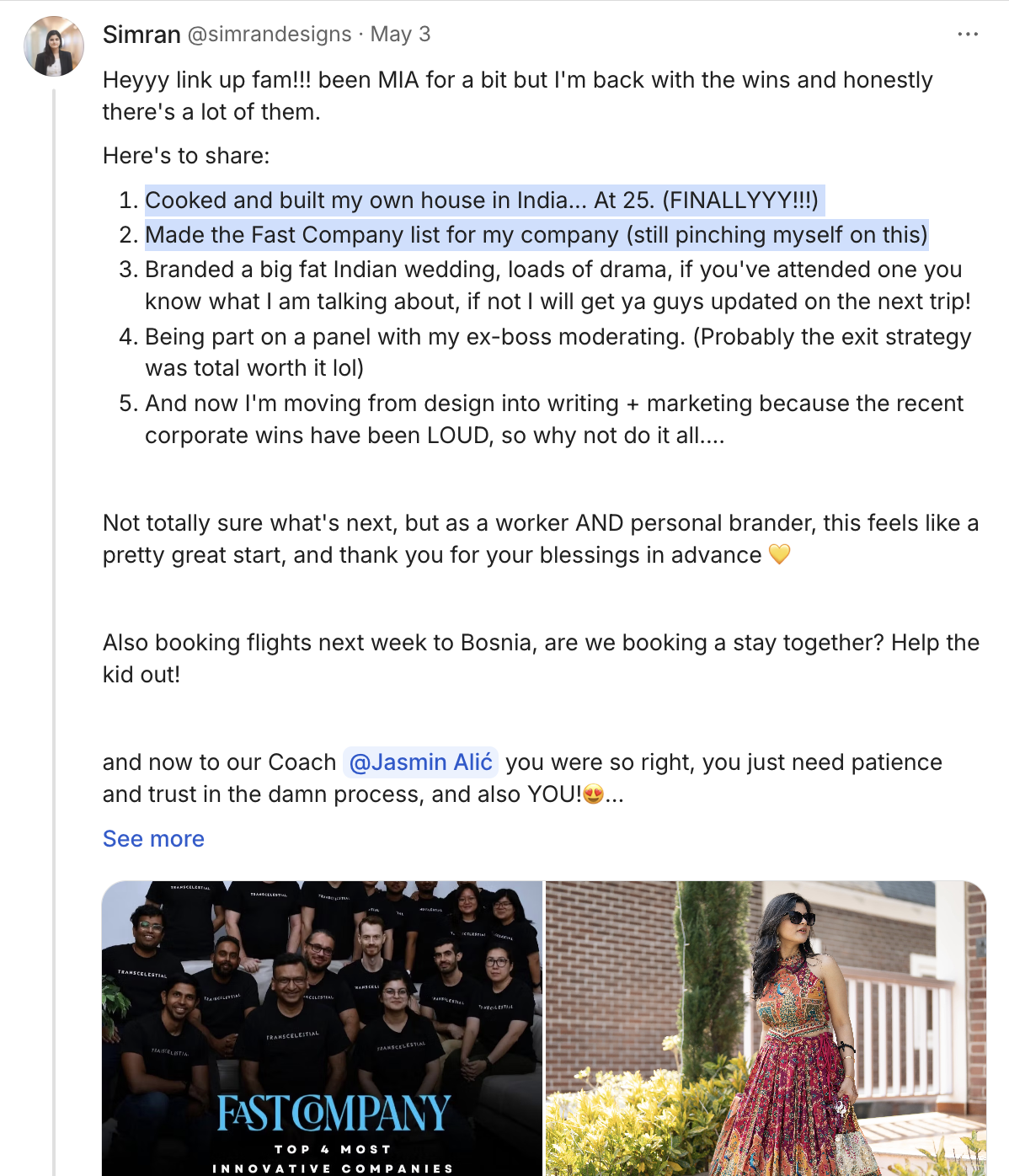 Group photo of team members wearing matching black company shirts with white text, smiling indoors. Adjacent outdoor photo of a woman in a colorful floral dress standing on a porch with a brick house in the background, surrounded by greenery and flow