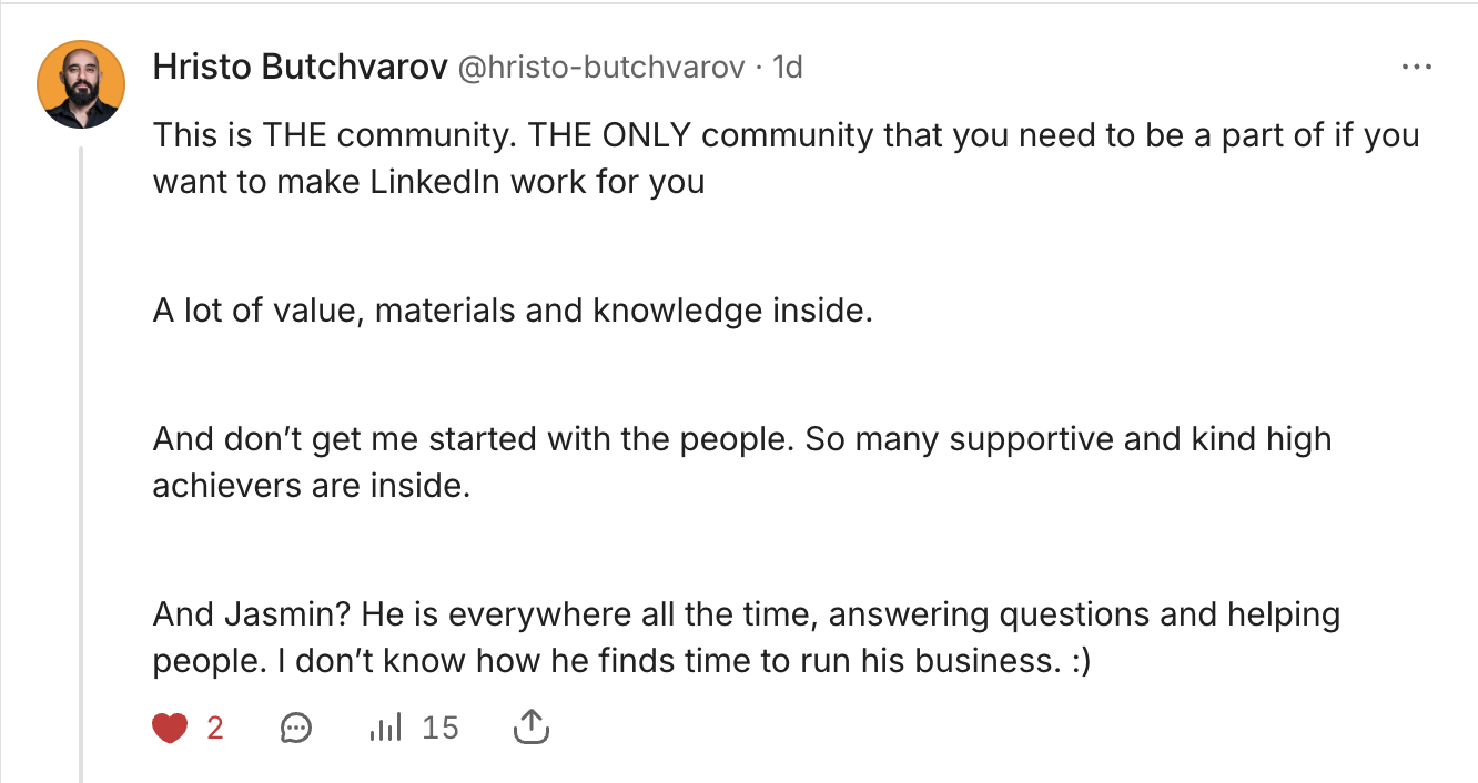 Screenshot of a social media post by Hristo Butchvarov emphasizing it's a community for LinkedIn experts, discussing value, supportive people, and someone named Jasmin helping others.